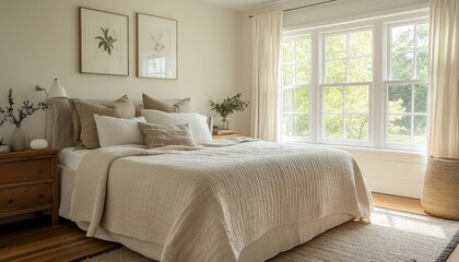 Serene Bedroom Interior Neutral Linen Bedding Large Window Natural Light
