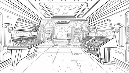 A spaceship interior line art drawing with control panels chairs and futuristic details. Perfect for coloring books concept art or game design.