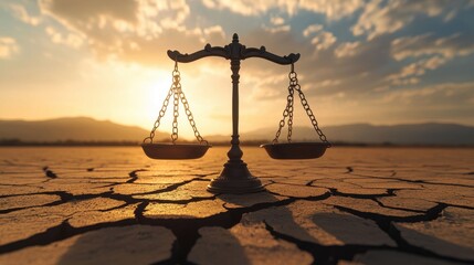 Scales of Justice Against Desert Landscape at Sunset