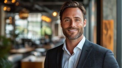 Fototapeta premium Smiling Man in Suit Jacket Posing Indoors
