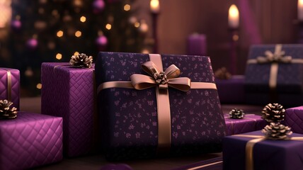 A Luxurious purple gift boxes adorned with elegant bows and pinecones, set against festive backdrop