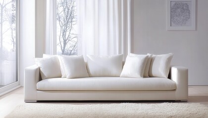 Modern White Sofa with Pillows in Bright Living Room Interior