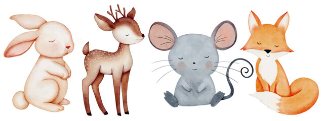 Wild animals. Set of wild watercolor  animals. Fox, deer, mouse, hare, rabbit.