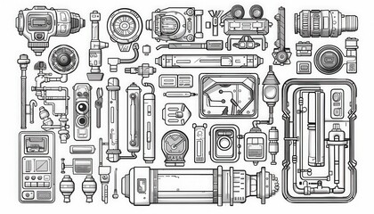 Intricate line art of various mechanical components. Ideal for sci-fi interfaces, blueprints, or industrial design projects. Customizable and adaptable.