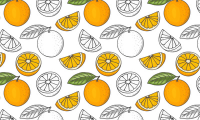 Fruit seamless pattern, orange with tropical leaves  on white background. Summer vibrant design. Exotic tropical fruit. Colorful vector illustration