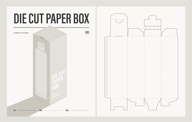 Paper box template for cosmetic packaging with 3D mockup and die cut drawing