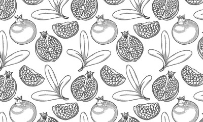 Seamless pattern with pomegranate, half pomegranate, seeds for wrapper, background in stroke style. Line drawing
