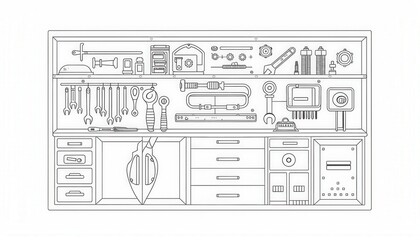 A line art illustration of a well-organized workbench with tools neatly arranged on shelves and drawers. Ideal for coloring pages, DIY project visuals, or workshop-themed designs.