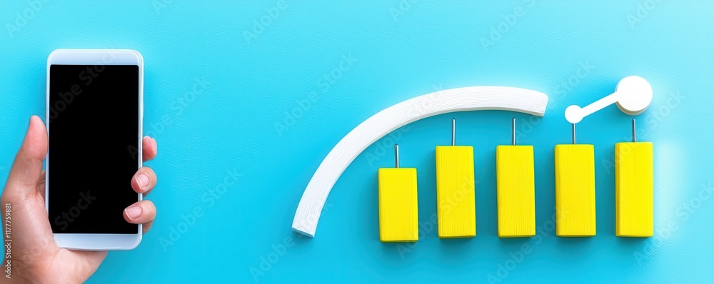 Poster mobile device in hand with performance graph icon