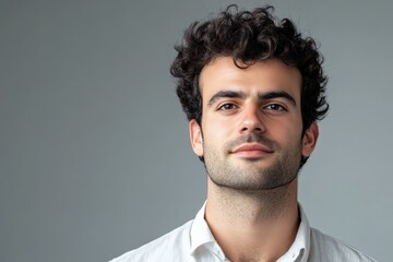 Fototapeta premium Confident Young Man with Curly Hair Posing Against a Neutral Background