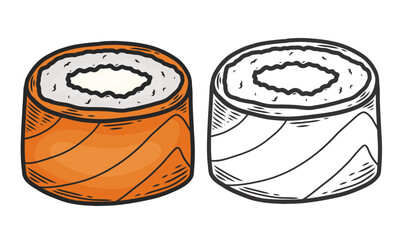 Asian food. Roll with salmon and cream cheese. Sketch style. Vector hand drawn illustration. Painted sketch