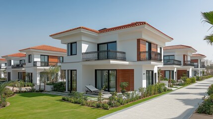 Modern villas in a resort community, featuring white facades, terracotta roofs, and landscaped gardens. Exterior view of luxury townhouses with balconies and patios.