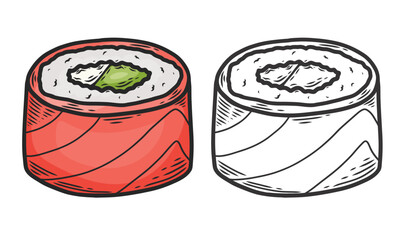 Asian food. Roll with tuna and avocado. Sketch style. Vector hand drawn illustration. Painted sketch