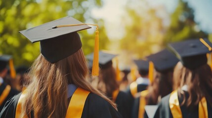 Graduation Ceremony with Graduates Wearing Caps and Gowns Celebrating Academic Achievement During a Sunny Outdoor Event in a University Setting
