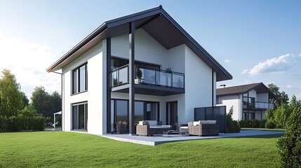 Fototapeta premium Charming Two Story Home with Green Grass and Outdoor Relaxation Area