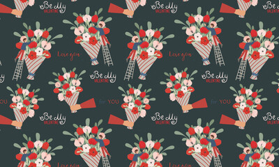 Seamless pattern with a bouquet of flowers and the text happy valentines day on a blue background. Design for print, textile, wrapping, paper