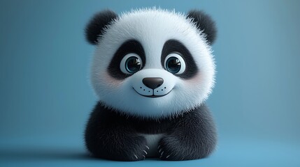 Adorable baby panda cub sitting, blue background, cartoon style, ideal for children's book illustrations.