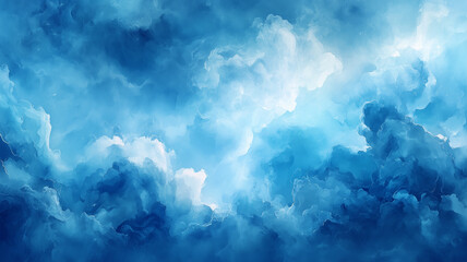 Fototapeta premium A watercolor painting of a blue ocean with a white cloud in the sky. The painting has a calm and peaceful mood