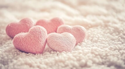 A variety of pastel pink hearts symbolizing love placed on a soft surface