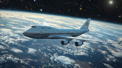 Air Force One orbiting Earth, clouds below, stars above;  international travel concept.