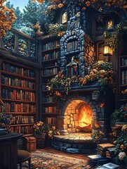 Enchanting Magical Library with Floating Books and Cozy Fireplace Backdrop