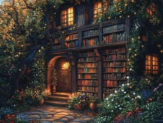Enchanting Ethereal Library with Floating Books and Mystical Creatures