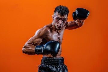 Confident man in boxing gloves strikes a pose.