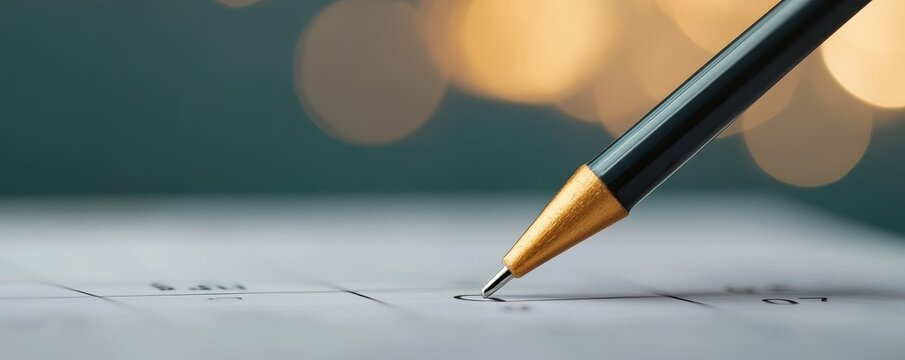 Pen Touching Calendar Page with Soft Bokeh Background