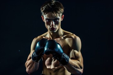 Confident male boxer in defensive stance with bandaged hands