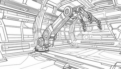 Intricate line art of a futuristic robotic arm in a spaceship interior. Ideal for coloring books, sci-fi illustrations, or concept art projects.