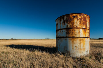 Obraz premium Unused water tank covered in rust standing alone in a vast open field under a clear blue sky