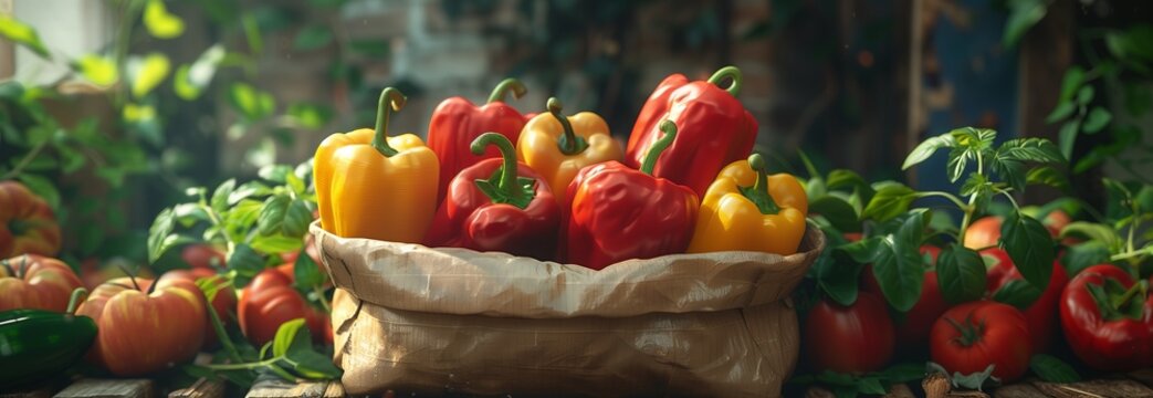 A vibrant assortment of fresh bell peppers in various colors, showcasing nature's bounty in a rustic setting.