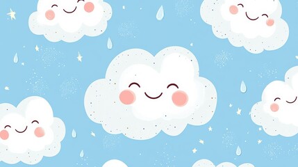 Cute smiling clouds with raindrops and stars seamless pattern on blue sky