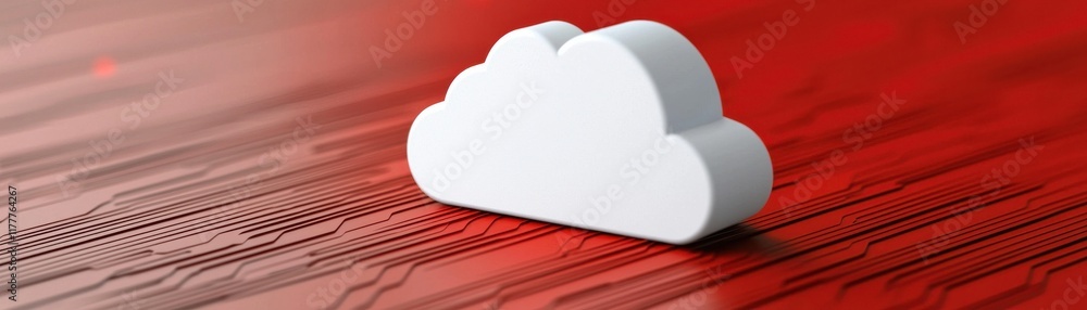Poster a minimalist cloud icon on a red background, symbolizing cloud computing and digital storage technol