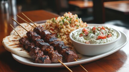 Savory Grilled Skewers with Flavorful Accompaniments on a Wooden Table Decorated with Vibrant Ingredients and Traditional Dishes