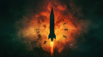 A surreal representation of a clock counting down to zero overlaid with the silhouette of a missile launch, symbolizing the urgency and threat posed by hydrogen bombs 