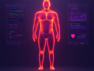 futuristic health app interface with glowing human anatomy, showing personalized health data, exercise metrics, and mental