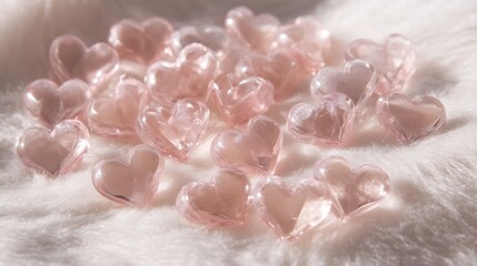 Fototapeta premium Many hearts in pastel pink representing love scattered on a soft surface