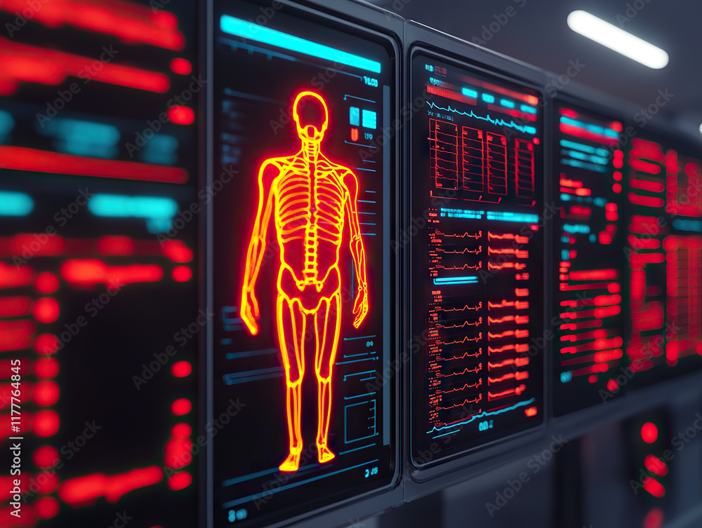 Poster futuristic medical interface displaying glowing skeletal scan and vital signs in high tech environme