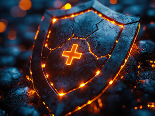 glowing shield with medical cross symbol represents protection of health information