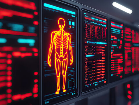futuristic medical interface displaying glowing skeletal scan and vital signs in high tech environment - Powered by Adobe