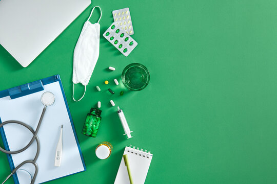 Mock up health care medical background. Above view empty paper