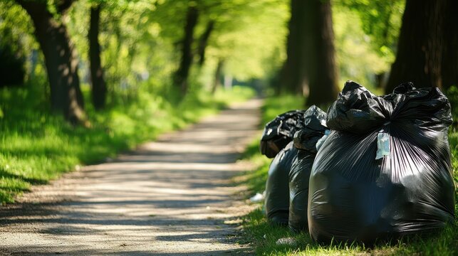 Trash Bags by Path in Lush Green Environment