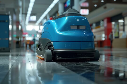 Blue modern self driving cleaning machine working in a blurred large retail space
