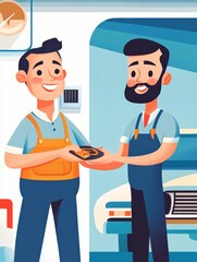 Friendly illustration of two smiling mechanics exchanging car keys in a bright automotive workshop, professional and cheerful style, ideal for car repair and service posters..