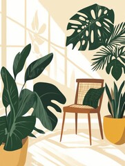 Obraz premium Minimalist spa seating area with large tropical leaves, a wooden chair, and warm sunlight filtering through windows, calming and bright atmosphere, perfect for wellness designs..