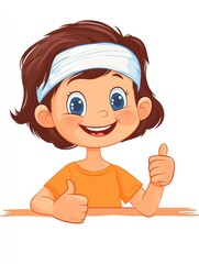 Illustration of a happy child with a bandage on their head giving a thumbs-up gesture, drawn in a cartoon style, symbolizing recovery and resilience..