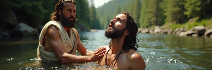 Jesus Baptized by John in the River - A Serene Biblical Scene Depicting a Sacred Moment in History.