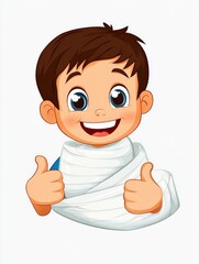Cartoon-style boy with a cheerful smile and a thumbs-up gesture, bandaged in a white bandage, symbolizing happiness, warmth, and friendliness..