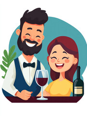 Cartoon couple enjoying wine together, both smiling and holding wine glasses, set against a vibrant background with green leaves, representing joy and togetherness..